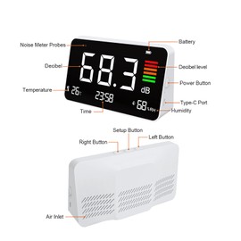 Digital Decibel Meter, Sound Level Meter Tester 30-130 dB Meter Desktop Temperature Humidity Noise Alarm Time for Home, Classroom, Studio, Factory