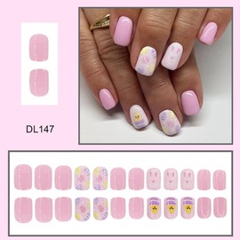 24 Pcs Easter Press on Nails Short Square Pink Fake Nails Chicks False Nails Press ons with Cute Eggs Design Glossy Nail Tips Full Cover Acrylic Nail Kit for Women Manicure