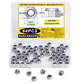 M5 Nylock Nuts - Stainless Steel Hex Lock Nuts, Self-locking, DIN 985 Assortment (64 Pcs)