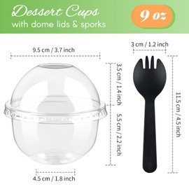 Zezzxu 50 Pack 9 oz Plastic Dessert Cups with Dome Lids (No Hole) and Sporks, Disposable Snack Cups for Fruits, Ice Creams, Cake, Yogurt Parfait, Pudding and Jello