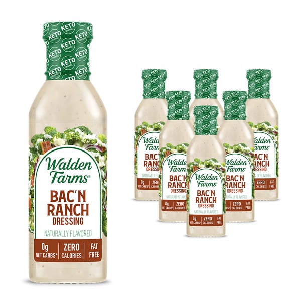 Walden Farms Bac’n Ranch Dressing 12 oz Bottle (6 Pack) - Fresh and Delicious, 0g Net Carbs Condiment, Kosher Certified - So Tasty on Salads, Sandwiches, Chicken, Vegetables and More