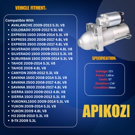 Starter Motor Fit for Silverado 1500 V8 5.3L 4.8L 09-13,Tahoe V8 5.3L 09-13 4.8L 09-12 Compatible with Sierra 1500 V8 5.3L 4.8L 09-13,Suburban 1500 V8 5.3L 09-14,12611102 19168041 SDR0379