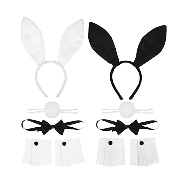 FRCOLOR Bunny Ear Costume Set Rabbit Ears Headband and Tail Bow Tie Bunny Accessory Set Halloween Easter Party Accessories, 2 Sets (White)