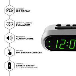 Sharp Digital Alarm Clock - Ascending Alarm Begins Faintly and Grows Increasing Louder, Gentle Wake Up Experience, Dual Alarm - Battery Back-up, Easy to Use with Simple Operation (Brushed Silver)