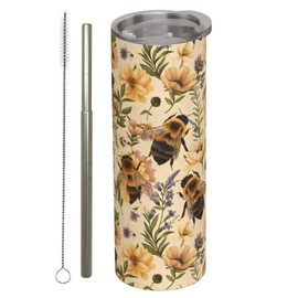 amepay Bee and Flower Stainless Steel Insulated Tumbler with Lid - 20oz Nature Lovers Travel Mug,Reusable Metal Straw & Brush, Double-Wall Vacuum Bottle Cup for Hot and Cold Drinks Gifts