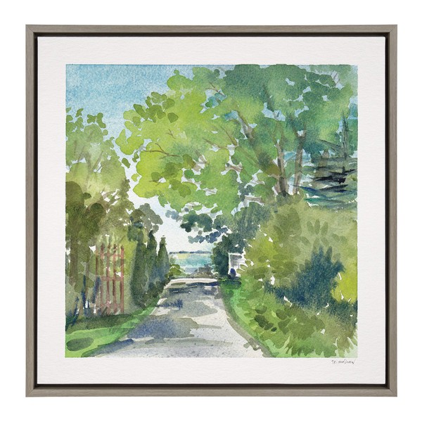 Kate and Laurel Sylvie The Lane and Sea Framed Canvas Wall Art by Patricia Shaw, 24x24 Gray, Coastal Beach Art for Wall