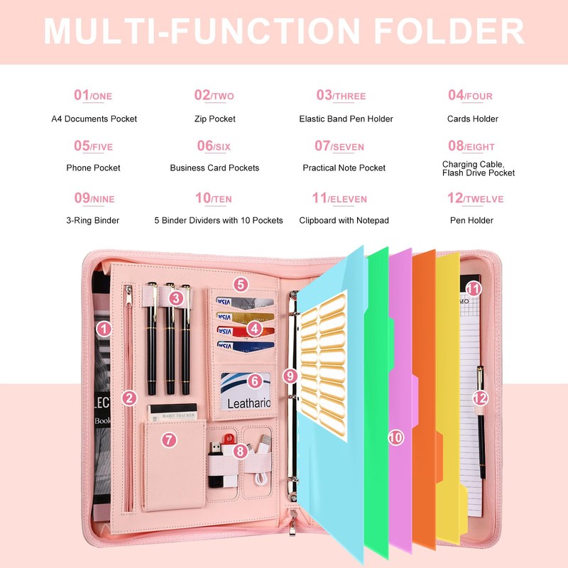 Leathario 3-Ring Portfolio Binder, Includes 5 Folder Index Dividers, 13