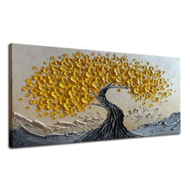 zoinart 3D Oil Paintings, 24"x48", Texture Yellow Tree Wall Art, Abstract Floral Painting Home Decorations Contemporary Art for Living Room Bedroom Office Kitchen Wall Decor