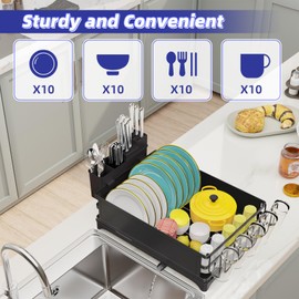 Simple Trending Dish Drying Rack for Kitchen, Waterproof Drain Rack with Cutlery Holder and Drainboard Tray, 11.7“W x 16.5”L, Black