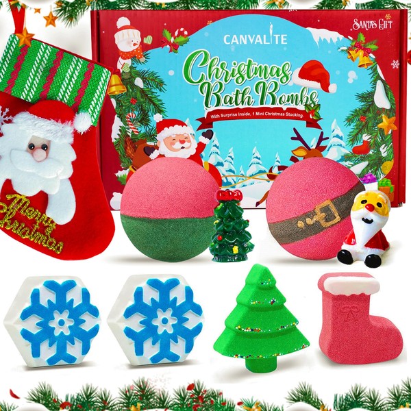 Canvalite Christmas Bath Bombs Set 6Pcs Bath Bombs for Kids Girls, Natural and Gentle Fizzy Kids Bath Bombs with Surprise Inside, Idea Christmas Gifts for Women Kids(with 1 Mini Christmas Stocking)