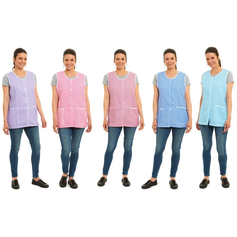 Ladies Gingham Buttons Through Design Piping Tabard Apron Overalls Front