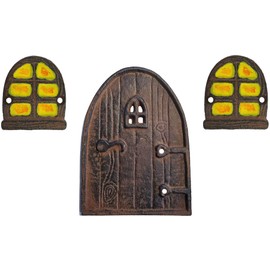 Lulu Decor, 100% Cast Iron Rustic Brown Miniature Fairy Door 5" and 2 Windows, Garden Ornament Ideal for Bottom of Trees (5 Inch - Round Top)