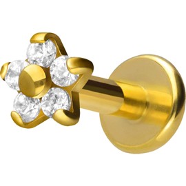 PIERCINGLINE TItan Labret Stud Internal Thread Flower + 5 Crystals Piercing Ear Lip Nose Choice of Colours and Sizes, Titanium