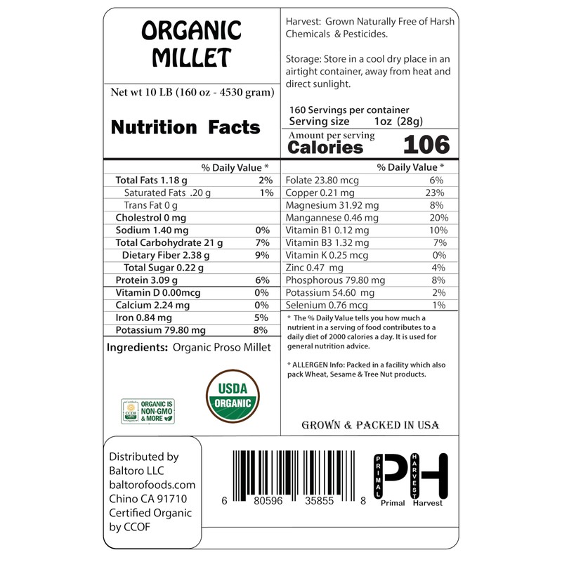 USA Grown Organic Millet, Whole Grain Seeds non GMO Hulled