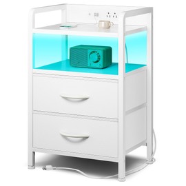 Night Stand Bedside Table Bedroom - Nightstand with Charging Station & LED Light Strip, Bed Side Table with Storage Shelf & 2 Fabric Drawers, Morden White End Table with U-S-B Ports & AC Outlets
