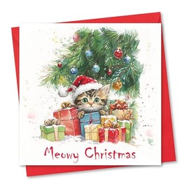 Christmas Card. Kitten under Tree Design. Eco-friendly & UK Made. Blank Inside. 148x148mm card size.
