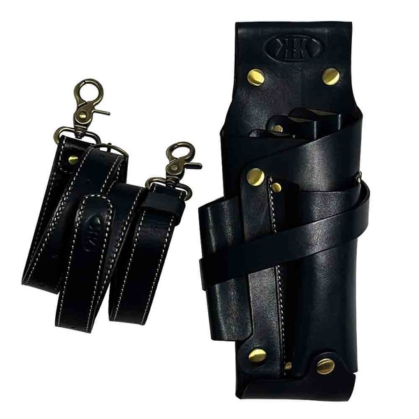 KK ssr019 Scissor Case, Genuine Leather, For Hairdresser, Barber, Trimmer, Scissor Bag with Genuine Leather Belt, 5 Colors (Black)