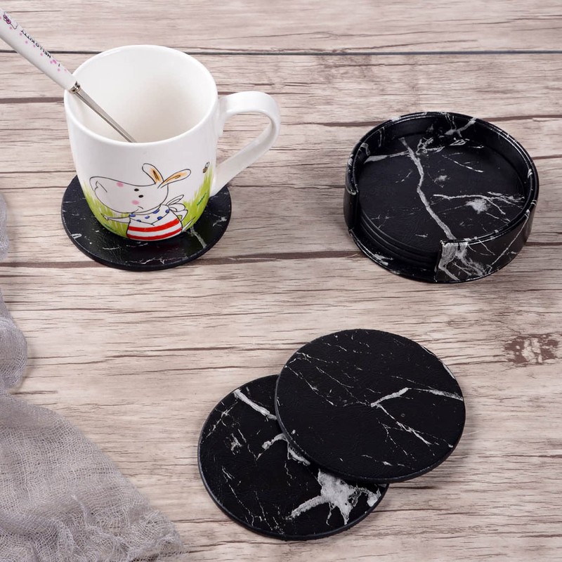 Coasters for Drinks 6 Piece with Holder Marble Texture Round