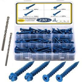 Krysay 232Pcs Concrete Screws with Drill bits,1/4 3/16 Masonry Screws for Concrete Assortment Kit,4 Sizes Flat & Hex Head Block Cement Stacoo Screws and Anchors,Diamond Point,Blue Coated