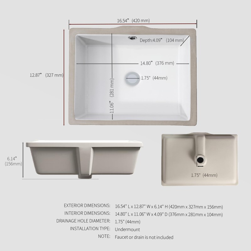 AMASHEN 17-Inch Undermount Bathroom Sink, White Ceramic Rectangular Vanity Sink