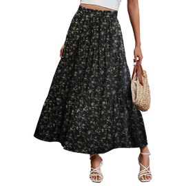 Oyamiki Womens High Waisted Boho Maxi Skirts Floral Print with Pockets Pleated Tiered A-Line Skirt for Beach Holiday Floral Black S