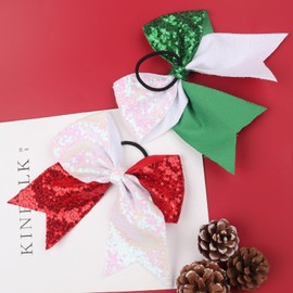 2 Pcs Large Cheer Hair Bows Sparkly Sequin Bows Hair Tie Red Green Cheerleading Bow Glitter ribbon Hair Tie Elastic Hair Band Ponytail Holder Christmas Hair Accessories for Women Girls