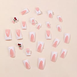 Mkwntg White French Tips Press on Nails Medium Length Duckbill Fake Nails Glossy French Acrylic Nails with Cherry Bow Pearl Design Coffin False Nails for Women Girls Manicure Nails Decorations 24Pcs