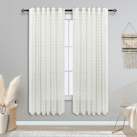 Off White Colored 63 Inches Long Farmhouse Curtains for Living Room,Lightweight Unique Trendy Pom Pom Cute Curtains for Kids Room Decor Bedroom 2 Panels,Cream