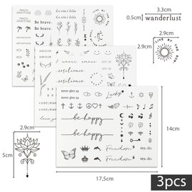 3sheets 130pcs Small Temporary Tattoos for Women Tiny Long Lasting Realistic Fake Tattoos Waterproof Inspirational Words Minimalist Flower Leaf Tattoo Stickers