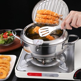 Deep Fryer Pot 304 Stainless Steel Japanese Frying Pot 2.2L, Janpanese Style Tempura Frying Pot with Lid, with Temperature Control Oil Drip Drainer Rack, or Fried Chicken, Shrimp, French, Chips dip