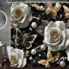 Black and Gold Luxury Aesthetic Shower Curtain, Modern Abstract Goth Dark Shower Curtains Set, White Rose Floral Butterfly Pearl Shower Curtains for Bathroom Polyester Fabric with Hooks 72X72IN