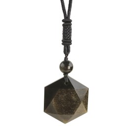Anjiucc Natural Gemstone Gold Sheen Obsidian Hexagonal Pendant Necklace,Black nylon rope 25 inches, Male and Female Necklace(Gold Sheen Obsidian)