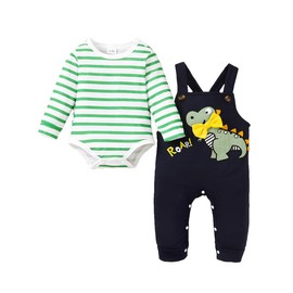 UUAISSO Baby Clothes for Boys Long Sleeve Striped Top Dinosaur Print Jumpsuit Adjustable Suspenders, Green