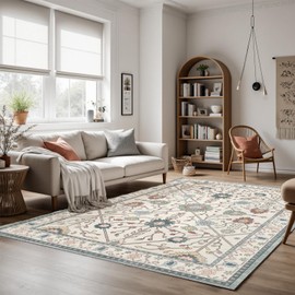 Boho Vintage Floral Area Rug 8x10 Green White, Machine Washable Low Pile Faux Wool Rug, Soft Non-Slip Durable Carpet for Living Room, Bedroom, Office, Entryway
