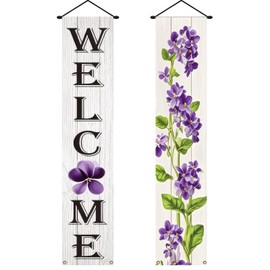 BlissYard Spring Banner 70x12 Inch Vertical Spring Door Banners Door Decorations Hanging Purple Floral Welcome Backdrop Porch Signs Outdoor Spring Decorations for Seasonal Outdoor Decoration