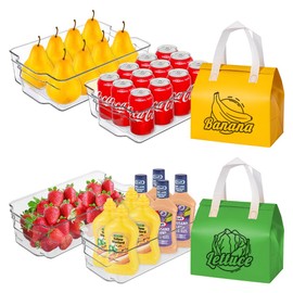 4 pcs Refrigerator Organizers Bins with Banana Lettuce Bag, Clear Plastic Drink Organizer for Fridge Freezers, Kitchen Storage Countertops Cabinet Pantry Organizers and Storage with Handle