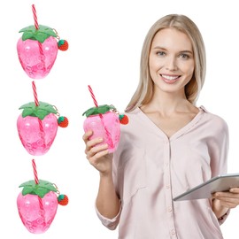 Healifty Strawberry Cups for Party: 3 Sets 17oz Adorable Drinking Cups with Lids Straw Keychains - Reusable Milk Tea Juice Tumblers for Girls Kids Women Gifting