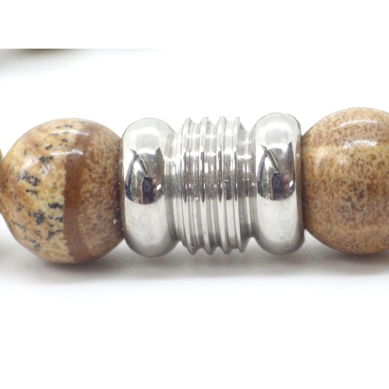 Ethnisches Herrenarmband aus braunen Jaspisperlen und zentraler Edelstahlperle