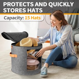 kushon Oversized Hat Storage Box for Women & Men，19" D x 17" H Cowboy Hat Boxes with 1 Wood Hook Felt travel Round Hat Organizer Box with Dustproof Lid