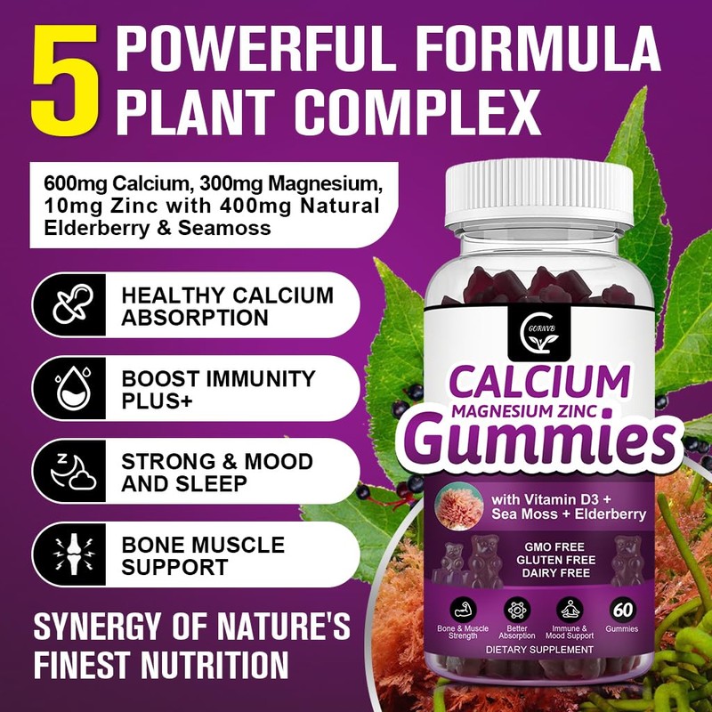 Calcium Magnesium Zinc Gummies with High Absorption Magnesium Glycinate 300mg,
