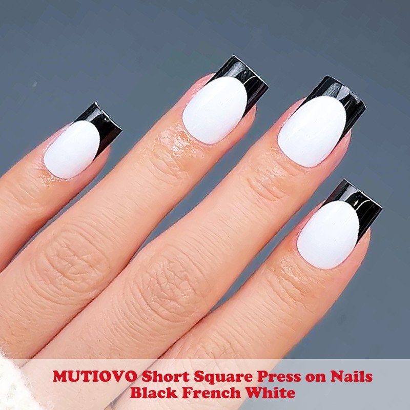 Halloween Press on Nails Kit Short Square Black French White,