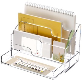 SANRUI Acrylic Desktop File Organizer Mail Sorter Box with Drawer, 3 Compartments Clear Office Accessories Paper Storage Holder, Multifunction Envelope Letter Folder Racks for Office,Home, School