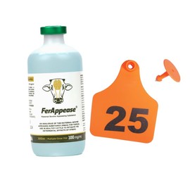 FerAppease 300ml Cattle Stress Relief + 25-Pack X-Large Numbered Livestock Ear Tags Kit – Laser Engraved Animal ID Tags (Orange)