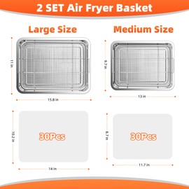 Air Fryer Basket for Oven, 2 Set Oven Air Fryer Basket and Tray with 60 PCS Parchment Papers, DEGOVIN Crisper Tray Non-stick Stainless Steel Air Fry Pans for Convection Oven(15.8" × 11" & 13" × 9.7")
