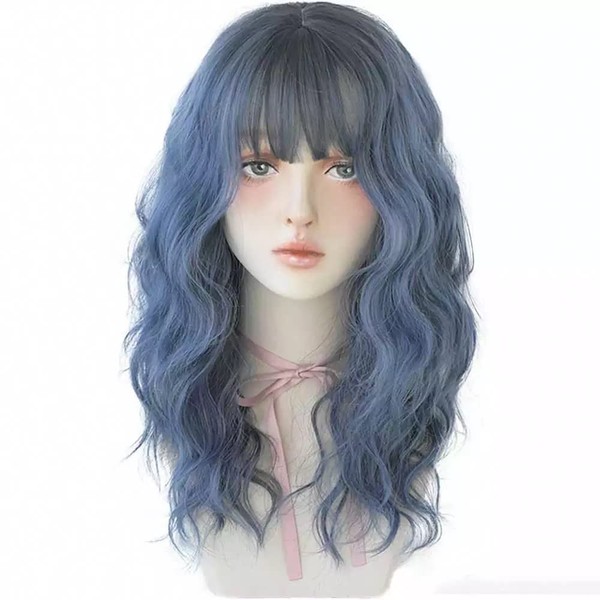 AIKO PRO Chic Korean Fashion 21 Inch Long Fluffy Curly Wavy Wig Bangs, Natural Heat-Resistant Synthetic Hair Wigs with Fringe For Cosplay and Daily Wear (Blue Ombre) (C-8262)