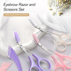 6-Piece Professional Eyebrow Trimmer Scissors Set with Mini Comb - Stainless Steel Grooming Scissors All-in-One Shaper Epilator Hair Remover Eyebrow Shaving Cutter (White+Purple+Pink)