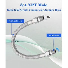 Industrial Grade Compressor Jumper hose,With 3/4" NPT Male 15" Length 450 PSI &750°F,And Two 3/4" Male Adapters (Both Sides Fittings Rotate Freely)