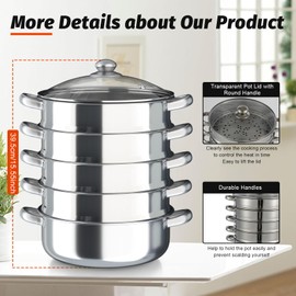 5-Layer Stainless Steel Steamer, 30CM Commercial Food-Grade Steamer Cookware Steaming Pot Tool w/Glass Lid Foods Steamers for Induction Cookers, Electric Ceramic Stoves, Gas Stoves (Silver, 30CM)