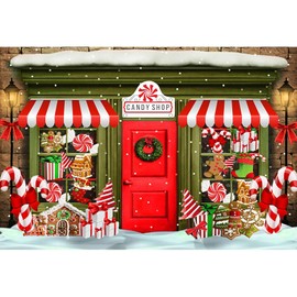 Caheansi 7x5 ft Christmas Backdrop Red and Green Xmas Candy Shop Gingerbread House Gifts Photography Background Christmas New Year Holiday Party Decorations Banner Kids Portrait Photo Booth Props