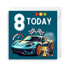 Second Ave Racing Car 8th Birthday Age 8 Square Children's Kids Birthday Greeting Card for Boy or Girl
